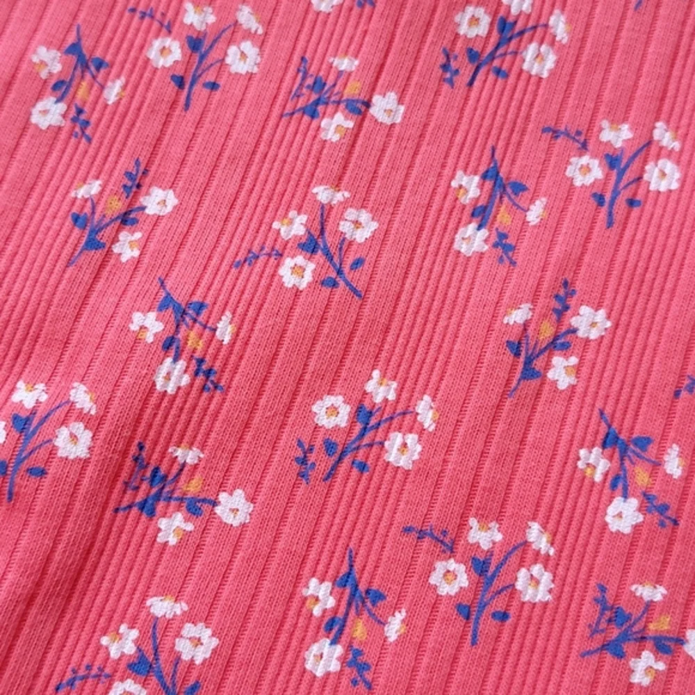 Floral Short Sleeve T-Shirt Ribbed Stripes Red Coral Daisy | Art Class